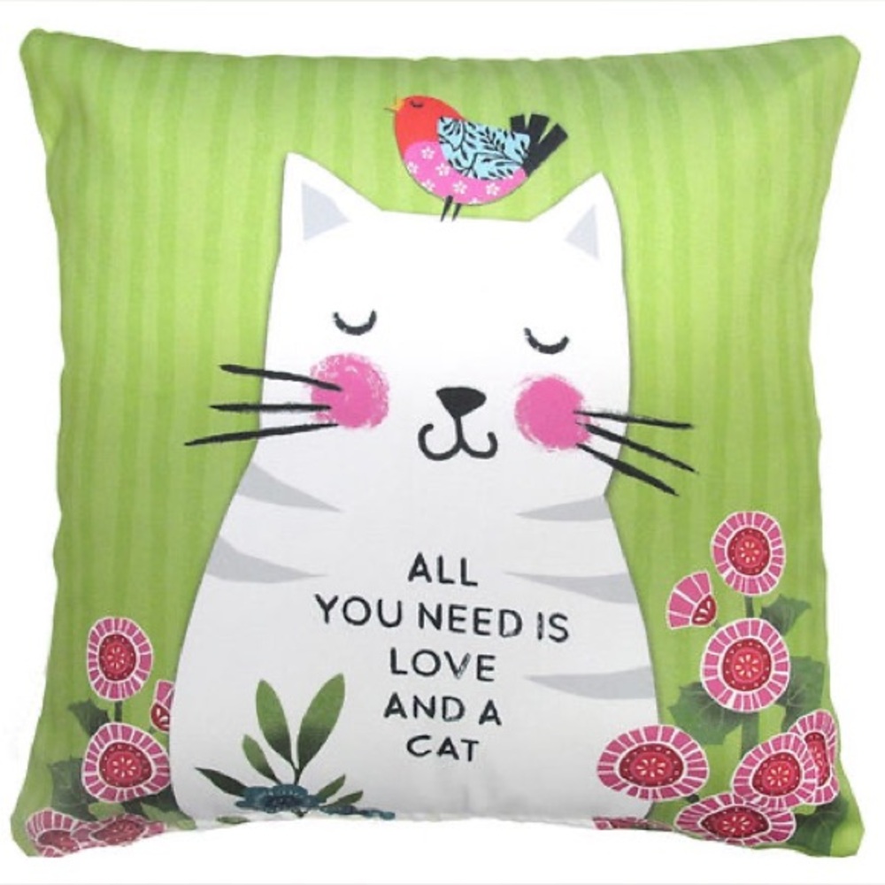 Cat Throw Pillow 18” x 18” “All you need is love and a cat” floral